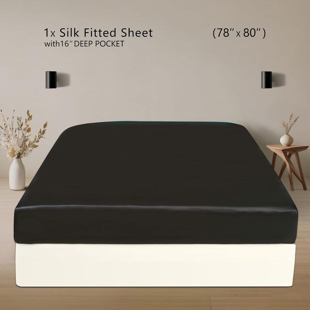 ZIMASILK 100% 19 Momme Mulberry Silk Fitted Sheet, Seamless with Deep Pocket, Soft, Silky & Hypoallergenic for Luxury Sleep (King 78''x80''+16',Black)