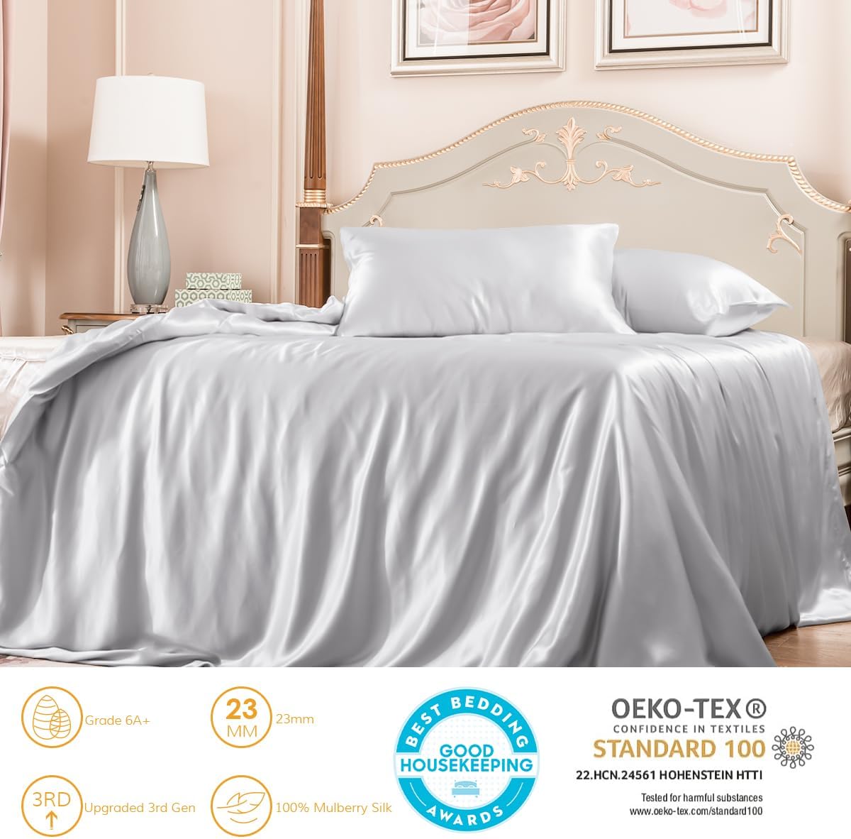 PROMEED 100% Mulberry Silk Duvet Cover Set 3PCS King Size, Real 23 Momme Grade 6A Silk Bedding Set with Duvet Cover and Pillowcases (Light Grey, King)