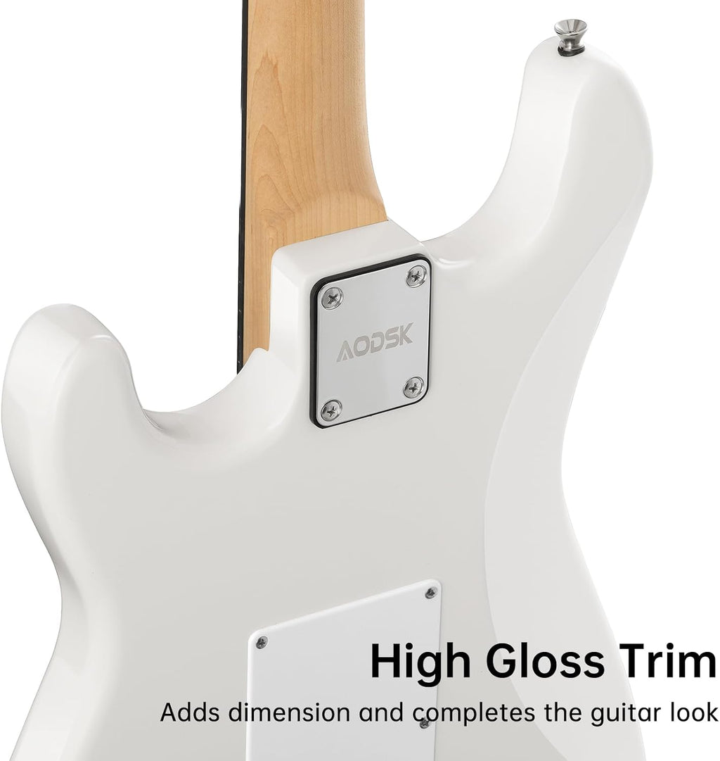 AODSK Electric Guitar with Amp Beginner Kit 39 Inch Solid Body Full Size,All Accessories,Digital Tuner,Six Strings,Four Picks,Tremolo Bar,Strap,Gig Bag,Starter kit (White-SSS)