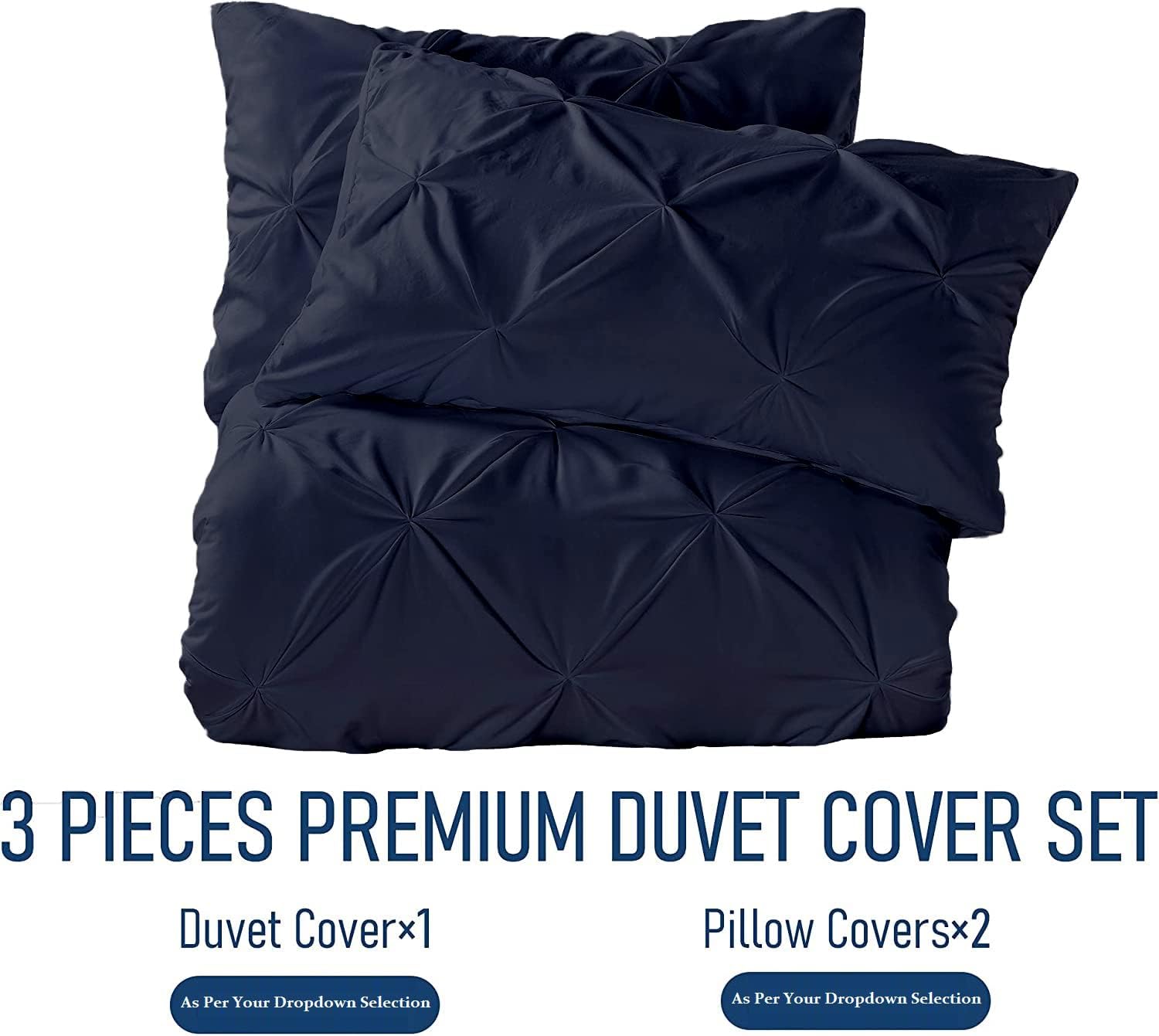 Luxuriate Hotel 1000-TC Hypoallergenic Ultra Soft 100% Egyptian Cotton 98x120' inch Over Size Super King Navy Blue Solid Pinch Plated Duvet Cover With Zipper Colser & 2pcs Pillow Case Set