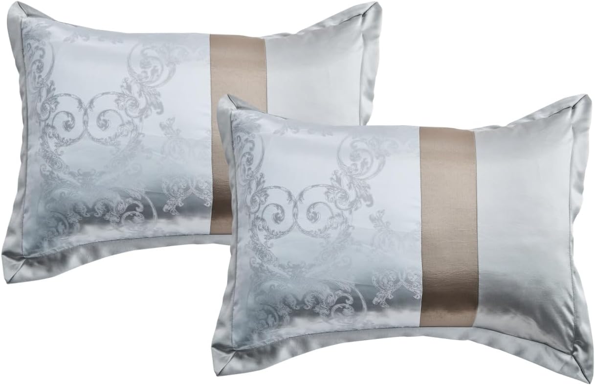 Bedduvit Luxurious Silky 7 Piece Queen Comforter Set - Soft Jaquard Floral Patchwork Design Comforters Queen Size, Silver Gray Down Alternative Bedding Set with Bed Skirt, Shams and Decorative Pillows