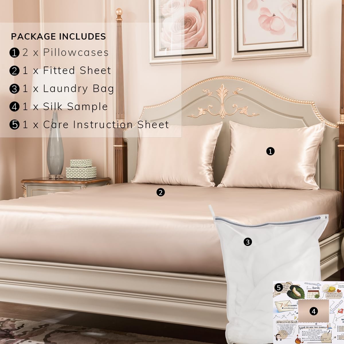 PROMEED Natural Silk 3pcs Queen Sheet Set 23 Momme, 100% Real Mulberry Silk Deep Pocket Fitted Sheet and Pillowcase Set for Hair and Skin (Champagne, Queen)