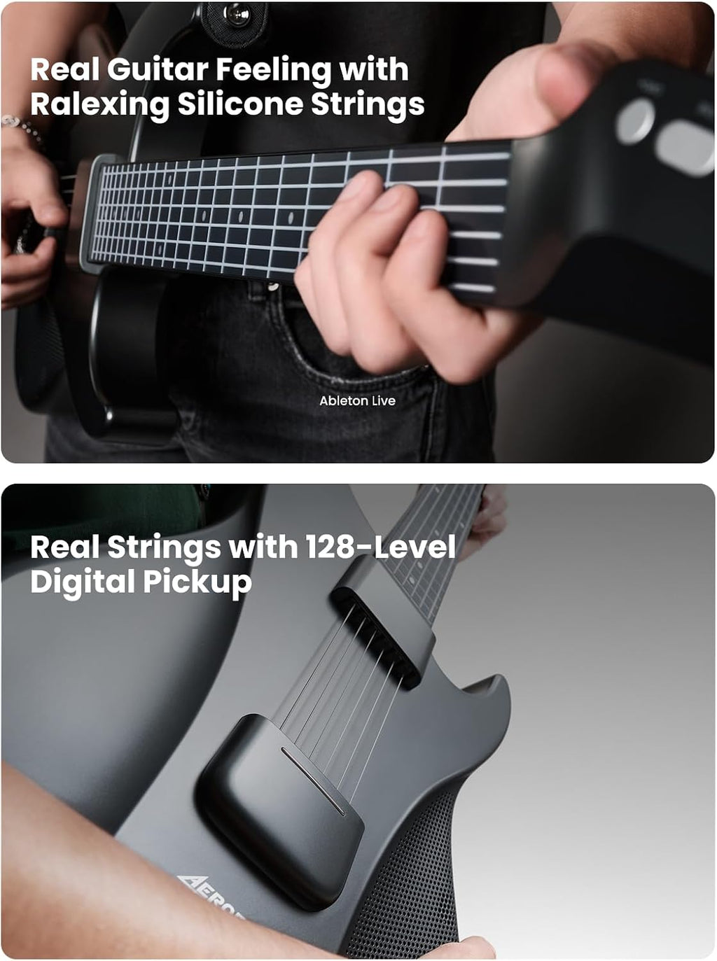 AeroBand Guitar Smart Guitar With Silicone Strings, Travel Silent Guitar With Detachable Fretboard, Headphone Jack, Built-in Speaker and Drum system, Aeroband APP Play, MIDI (White)