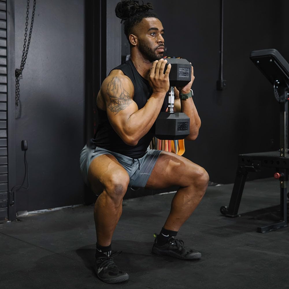 Titan Fitness Rubber Hex Dumbbells, 5 LB-50 LB Set of Pairs, Roll-Resistant Hexagonal Free Weights, Hex Dumbbell set with Chrome-Coated Handles, Free Weight Set, Strength Training Equipment