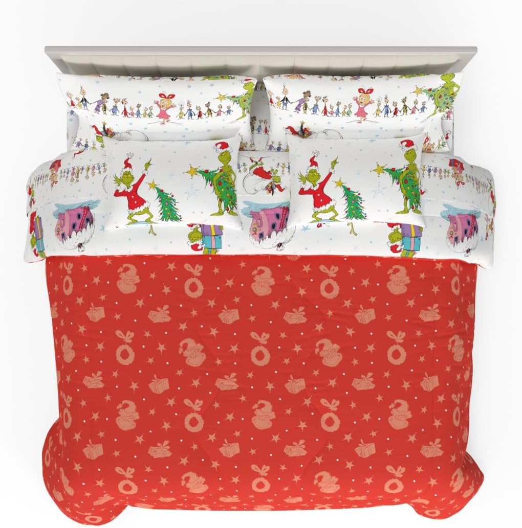 Grinch by Dr. Seuss Holiday & Christmas Bedding Super Soft Comforter and Sheet Set with Sham, 7 Piece King Size (Official Dr. Seuss Product) by Franco