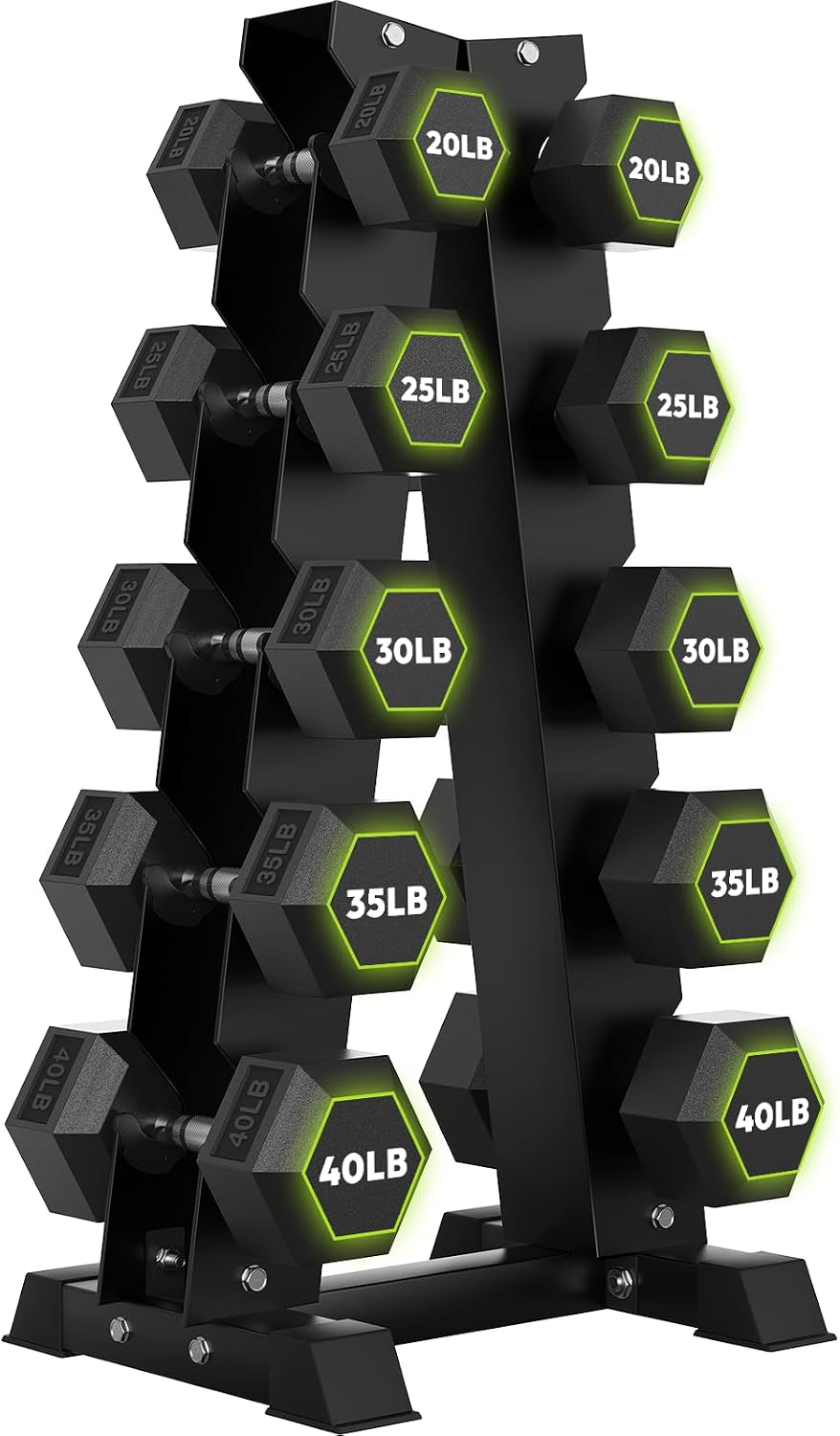 HANDBODE Rubber Coated Hex Dumbbell Set with A-Frame Rack, 100 lb - 550 lb Multiple Options Weight, Hexagon Non-Rolling Shape, Ergonomic Knurled Handle, Home Gym Equipment for Strength Training