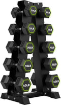 HANDBODE Rubber Coated Hex Dumbbell Set with A-Frame Rack, 100 lb - 550 lb Multiple Options Weight, Hexagon Non-Rolling Shape, Ergonomic Knurled Handle, Home Gym Equipment for Strength Training