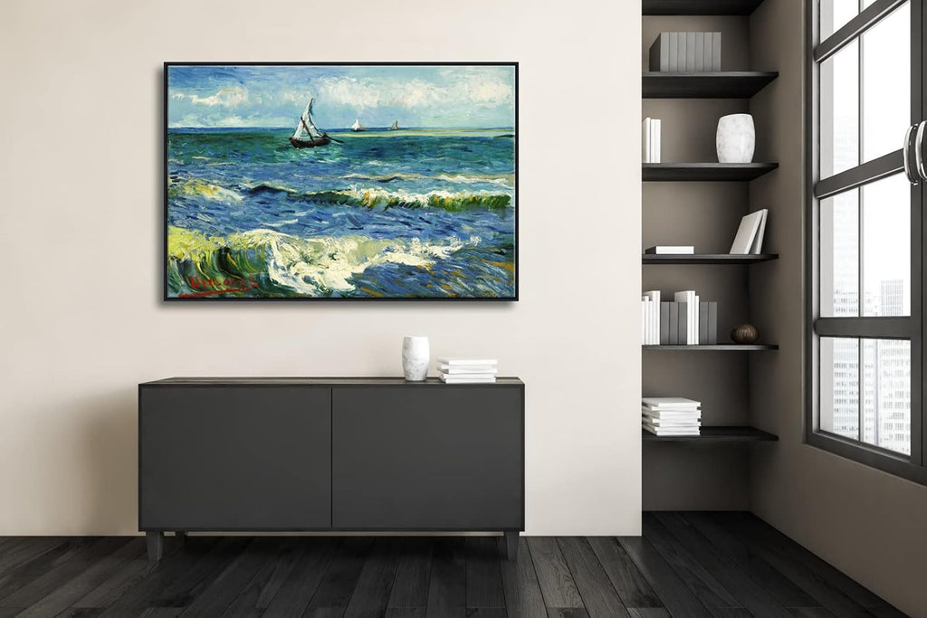 Wieco Art Extra Large Black Framed Canvas Prints Seascape at Saintes Maries by Vincent Van Gogh Modern ArtWork Sea Pictures on Canvas for Living Room Home Decorations