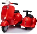 Licensed Vespa Kids Ride On Car with Side Car & Speaker | Motorcycle 2 Seater Three Wheeled Toy Car Rechargeable with Music Player, Volume Button, Lights, USB Plug, Forward, Backward, Red