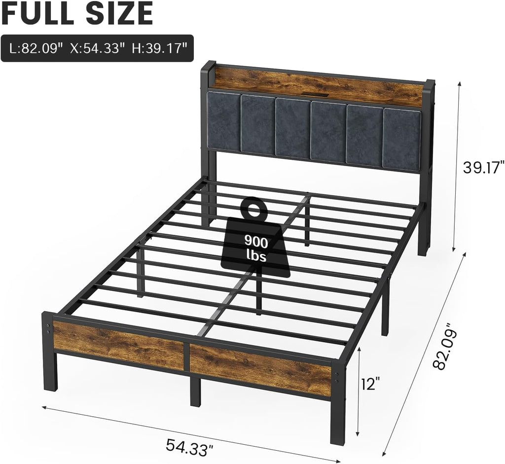PROTEA Full Size Bed Frame with LED Lights and Built-in Charging Station, Upholstered Headboard with Storage Shelf, Sturdy Metal Platform, Noise Free, No Box Spring Needed