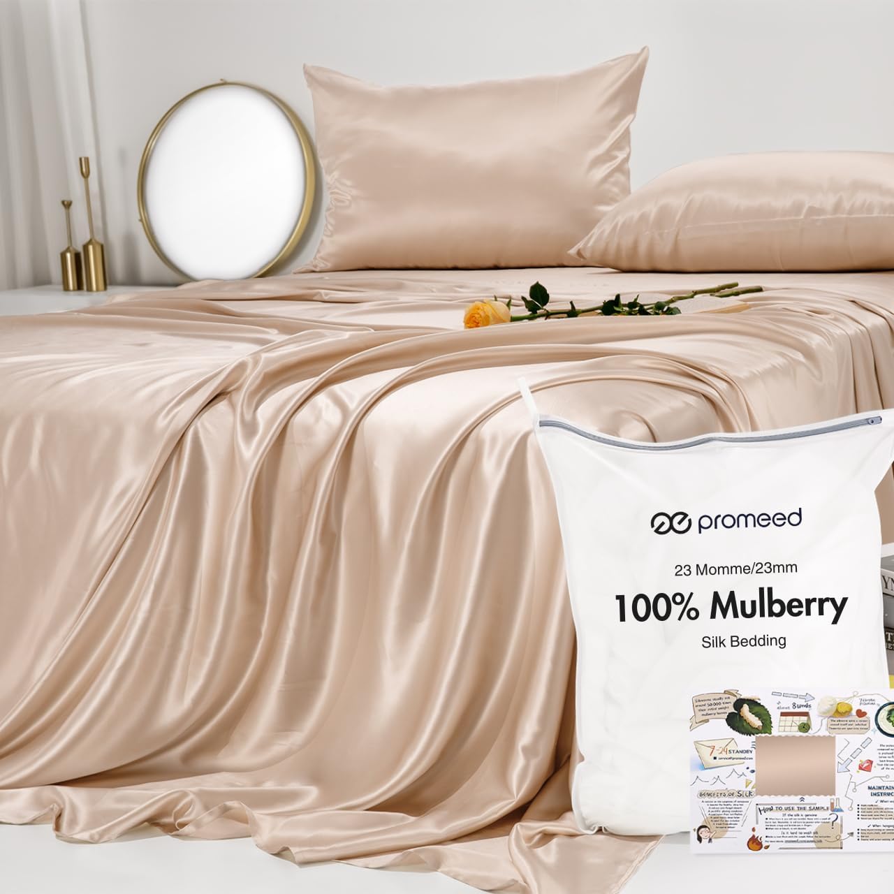 PROMEED 100% Mulberry Silk Sheet Set 4PCS, 23 Momme Bed Sheets Full Size with 16' Deep Pocket Fitted Sheet, Flat Sheet and Pillowcases (Champagne, Full)
