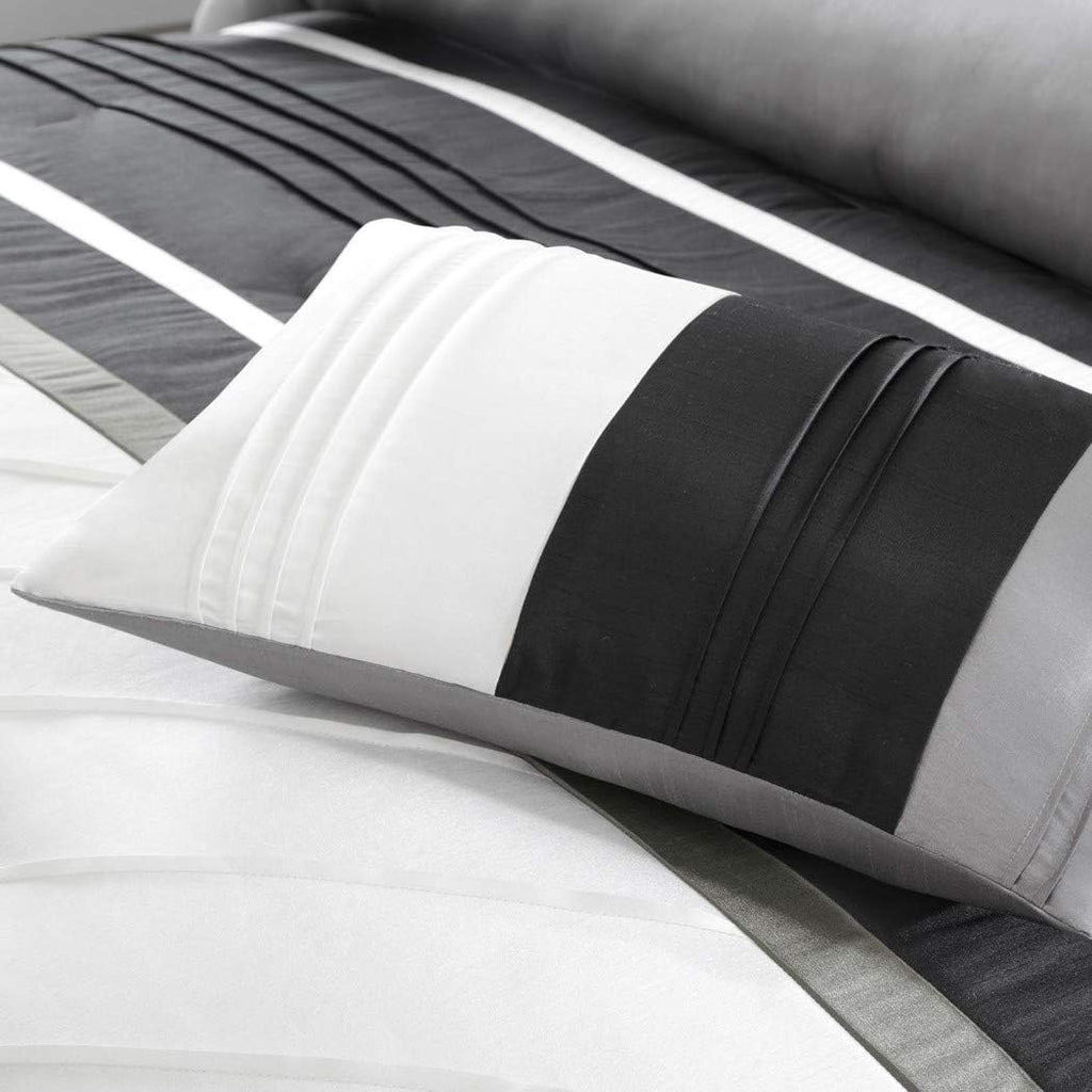 7 Piece Silver Grey Black Striped Comforter King Set, Gray White Adult Bedding Master Bedroom Stylish Patchwork Pintuck Pattern Elegant Themed Traditional Monochromatic Polyester Stripe