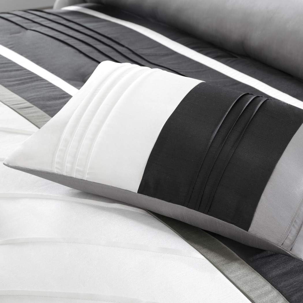 7 Piece Silver Grey Black Striped Comforter King Set, Gray White Adult Bedding Master Bedroom Stylish Patchwork Pintuck Pattern Elegant Themed Traditional Monochromatic Polyester Stripe