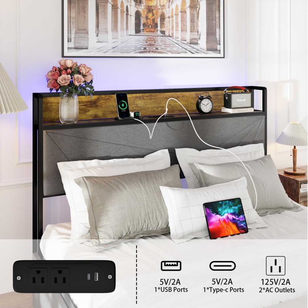 Full Size Bed Frame with 4 Storage Drawers and 2 USB Ports, Upholstered Platform Bed Frame with Storage Headboard Charging Station and Metal Slat Support, No Box Spring Needed, Dark Grey.