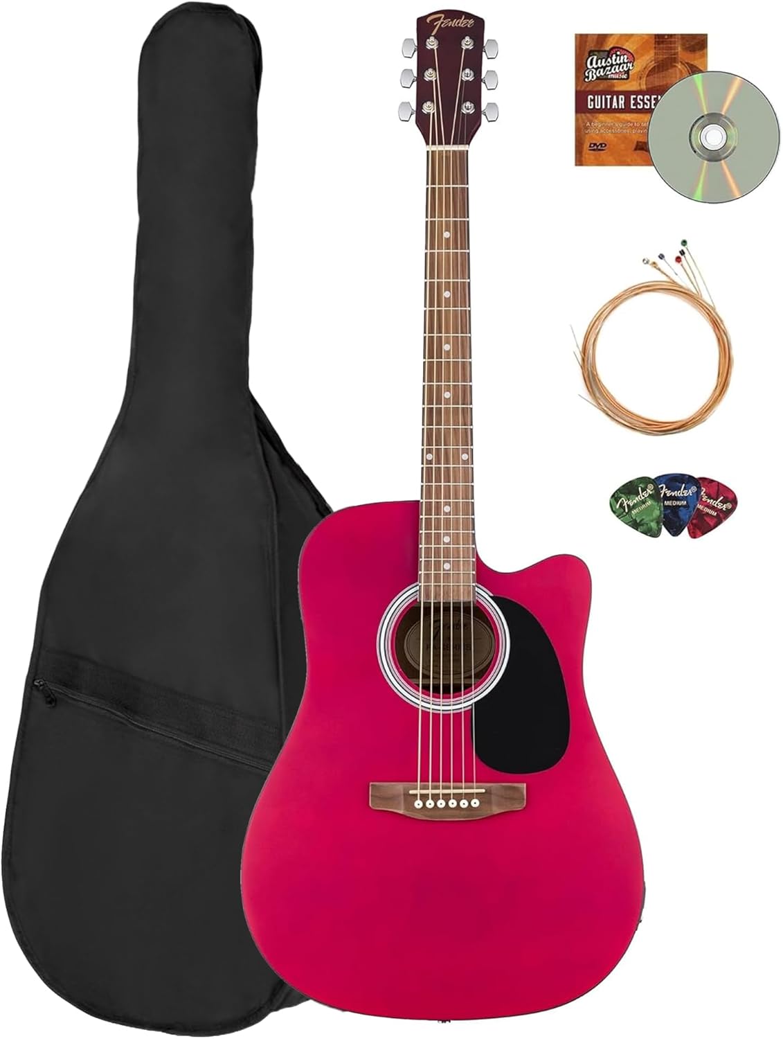 Fender FA Series Dreadnought Acoustic-Electric Guitar - Crimson Red Bundle with Gig Bag, Strings, Picks, and Austin Bazaar Instructional DVD