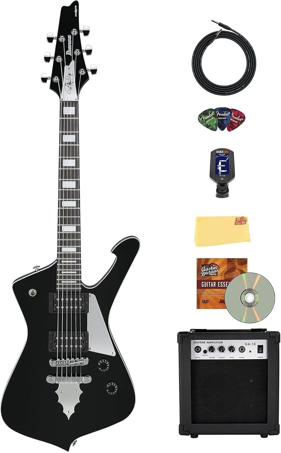 Ibanez PSM10 Paul Stanley miKro Short Scale Electric Guitar - Black Bundle with Amplifier, Tuner, Cable, Picks, Austin Bazaar Instructional Video, and Polishing Cloth