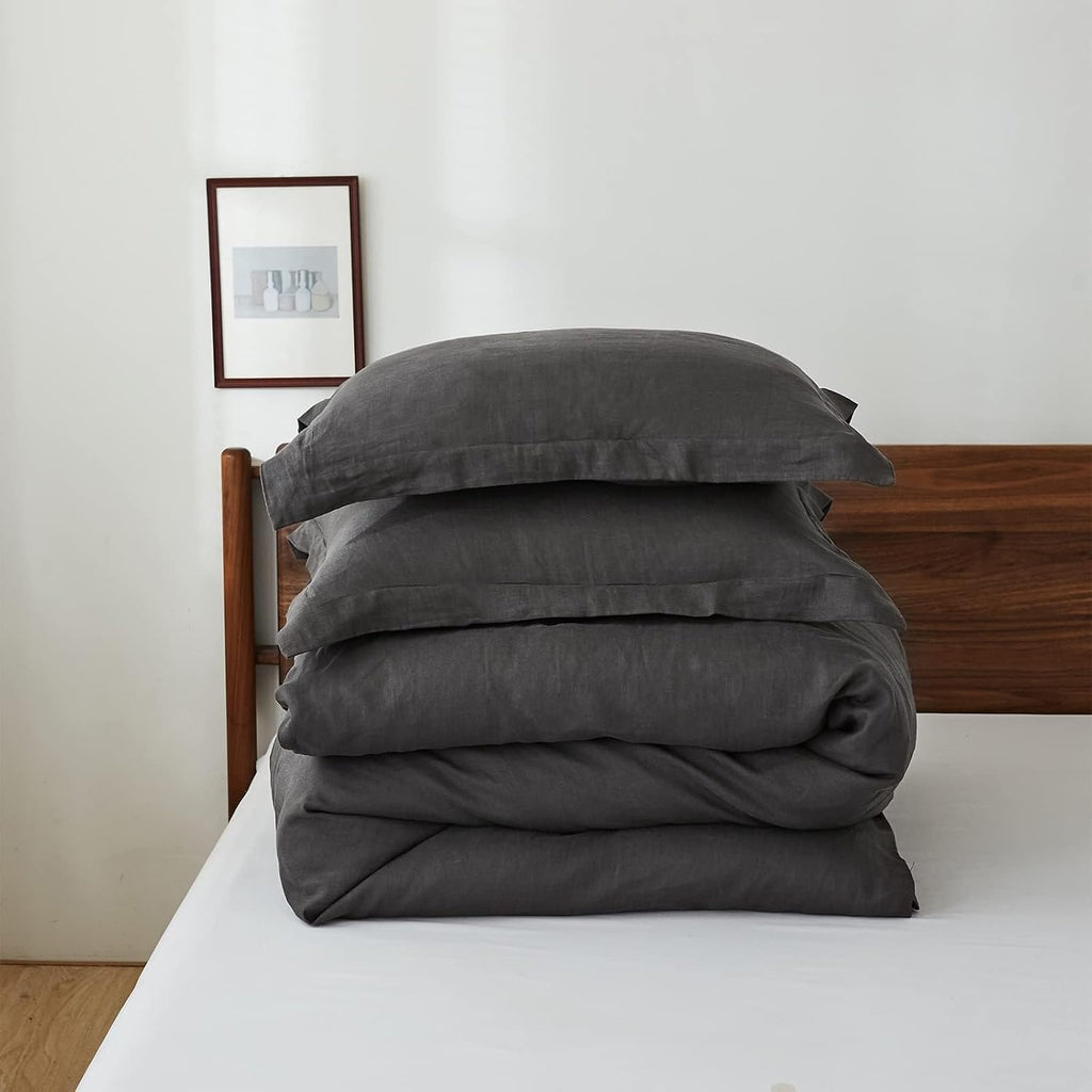 Simple&Opulence 100% Linen Duvet Cover Set, 3 PCS Natural French Flax Dark Grey Duvet Cover King Size, Breathable Soft Comfy Linen Bedding Comforter Cover with 2 Pillowcases(Dark Grey, 104'x92')