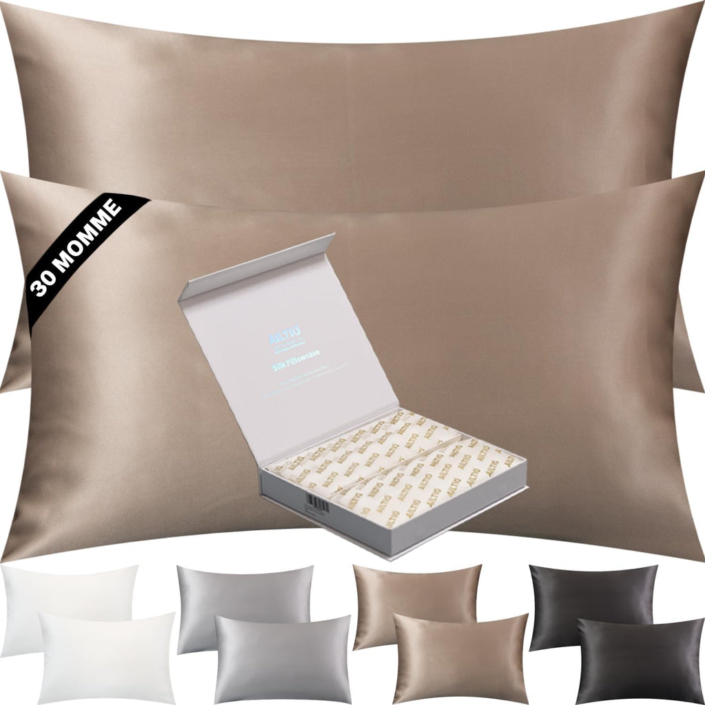 Silk Pillow Cases 2 Pack - 30 Momme Grade 6A Pure Mulberry Silk with Zipper - Cooling Hypoallergenic for Hair & Skin (Taupe, King)