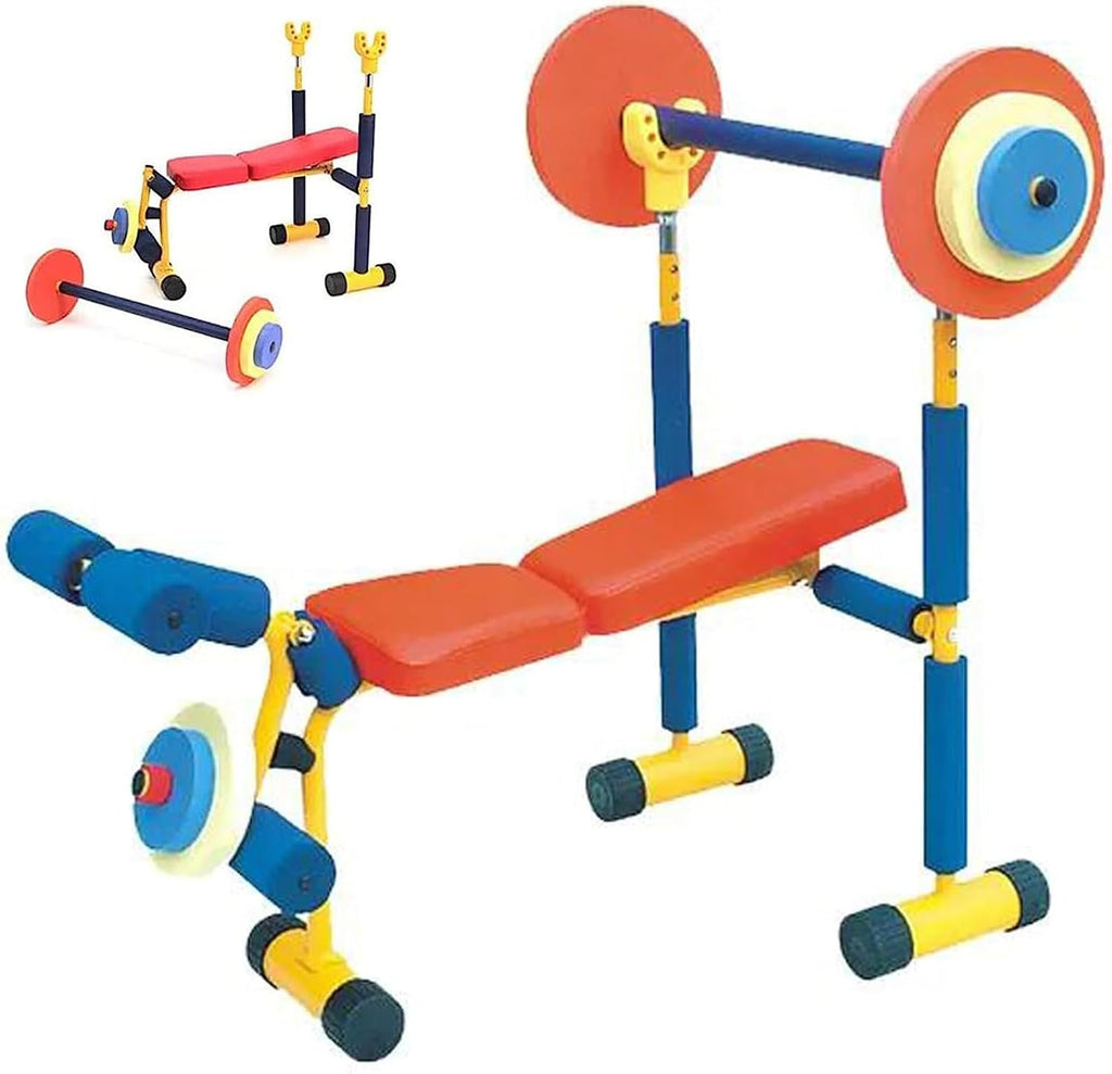 Kids Fitness Exercise Equipment, Adjustable Barbell Toy Set, Bench And Leg Press Weight Bench for Beginner Exercise, Boys and Girls Exercises Ages 3-12 Year Old