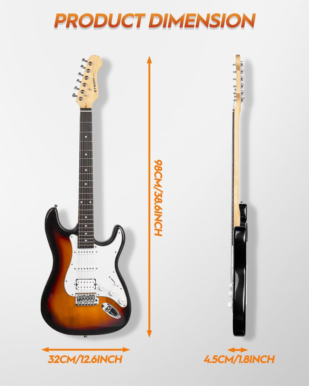 STRICH Electric Guitar Beginner Kit, Solid Body 39' Full Size Electric Guitar HSS Pick Up for Starter, with 10W Amp, Bag, Digital Tuner, Capo, Strap, String,Cable, Picks, SST-S20 Sunburst