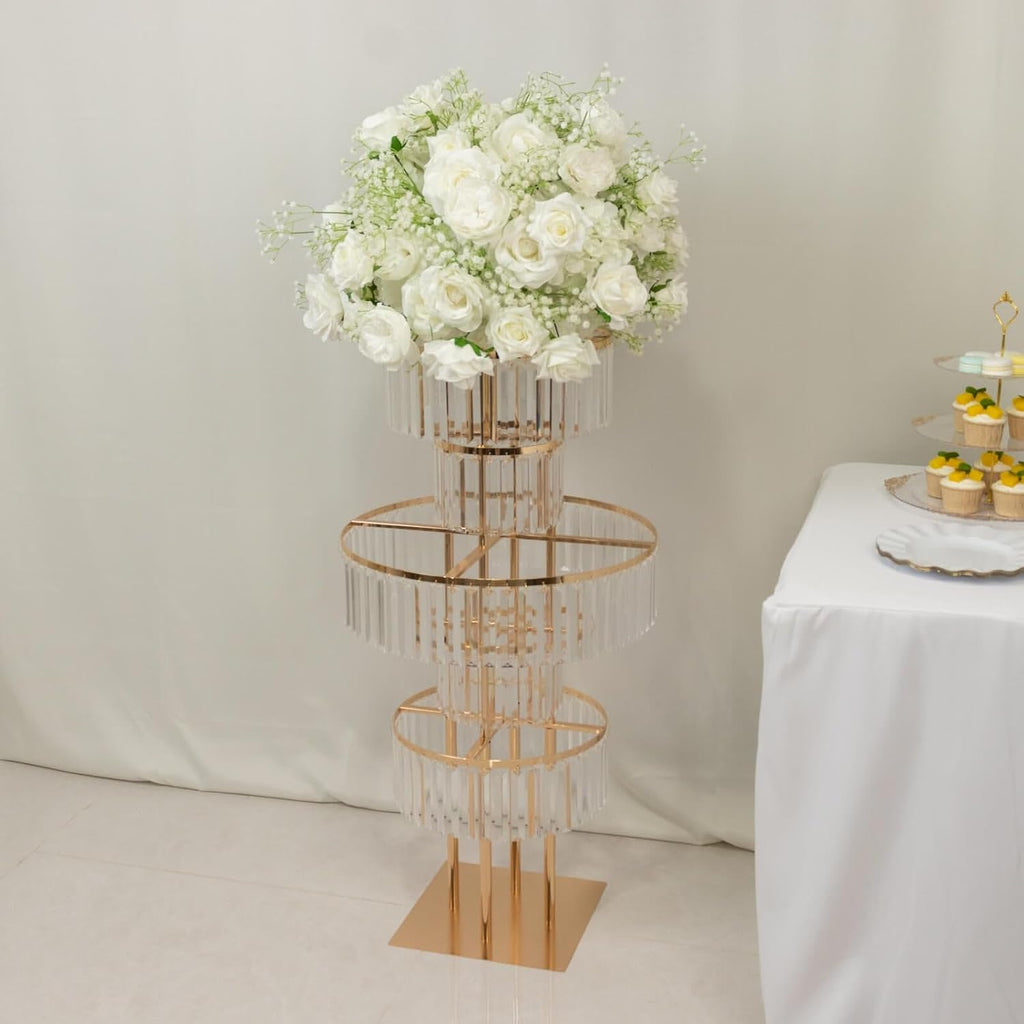 Efavormart 5-Tier Crystal Pendant Table Centerpiece Chandelier, Round Gold Metal Flower Stand – 40' Tall Wedding Pedestal Vase