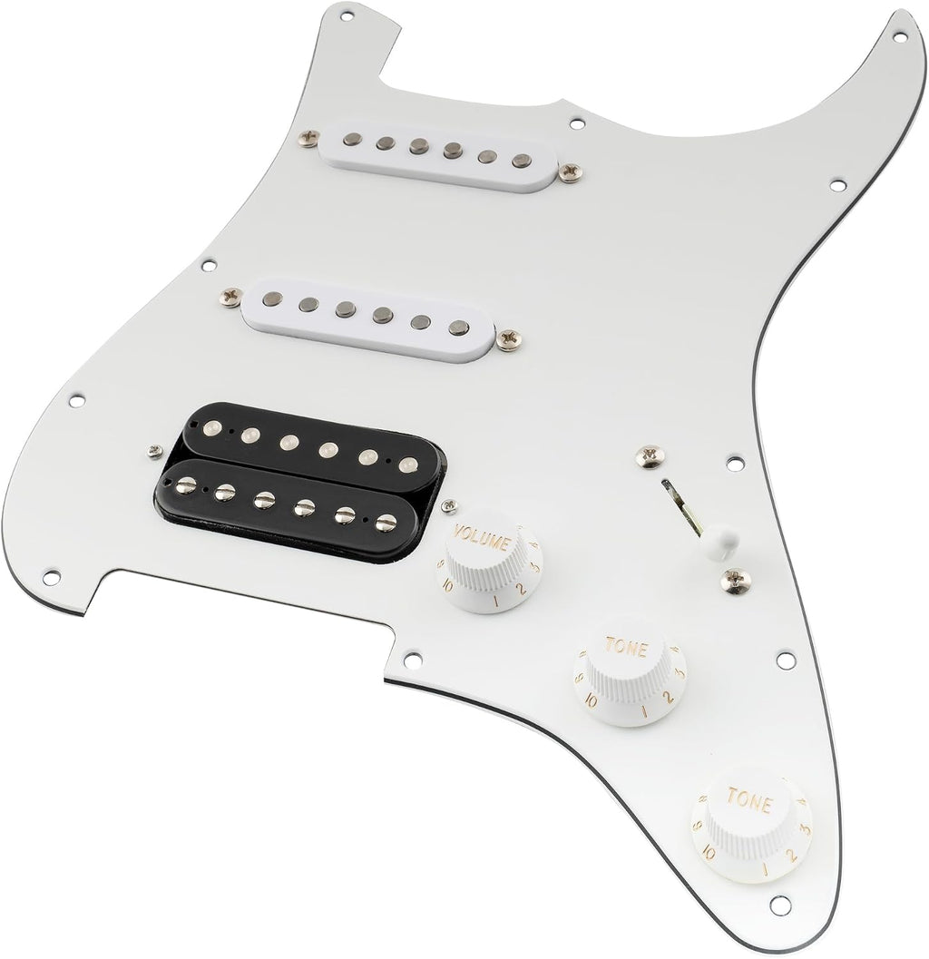 Musiclily Pro Auto-Split HSS Loaded Pickguard ST Prewired Pickguard with Artec Alnico 5 Single Coil Humbucker Pickups for American/Mexico Import Squier Strat Electric Guitar, 3ply White