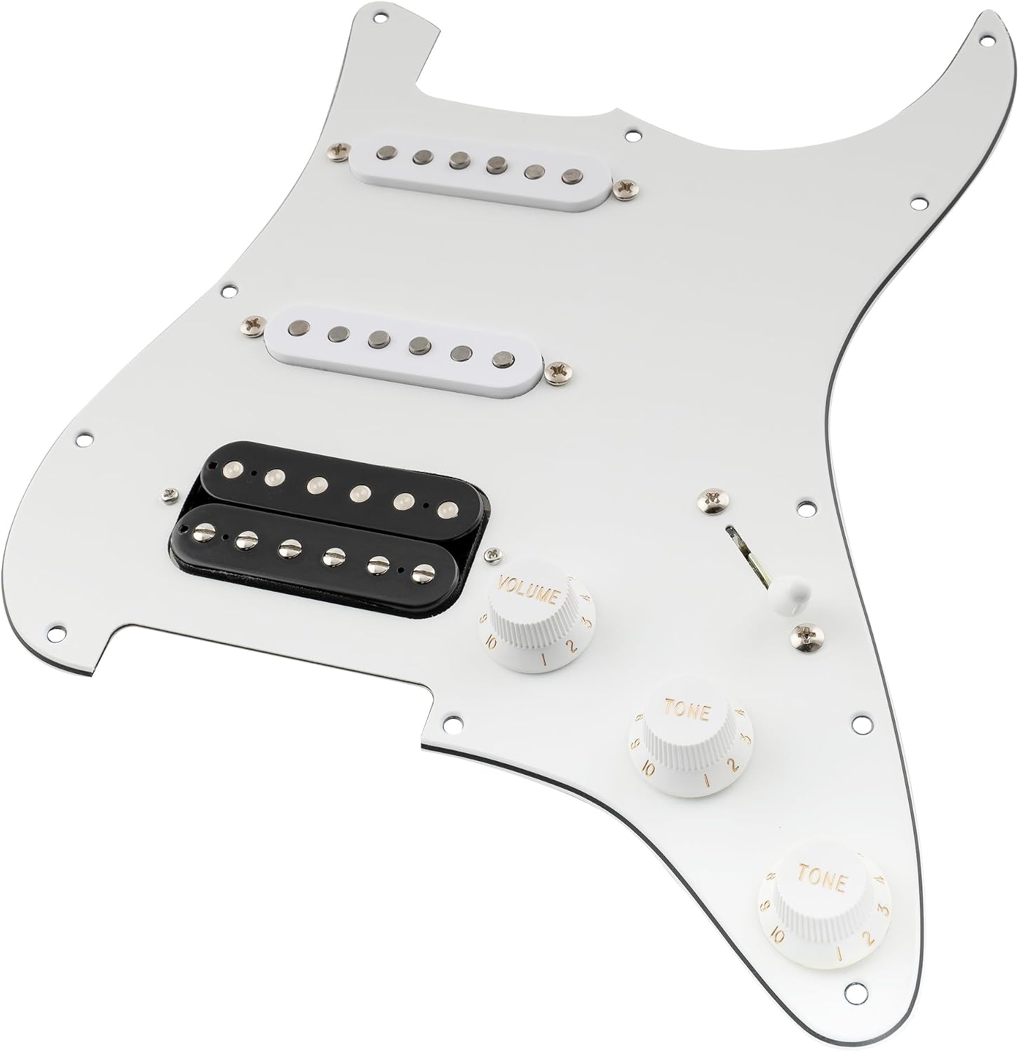 Musiclily Pro Auto-Split HSS Loaded Pickguard ST Prewired Pickguard with Artec Alnico 5 Single Coil Humbucker Pickups for American/Mexico Import Squier Strat Electric Guitar, 3ply White