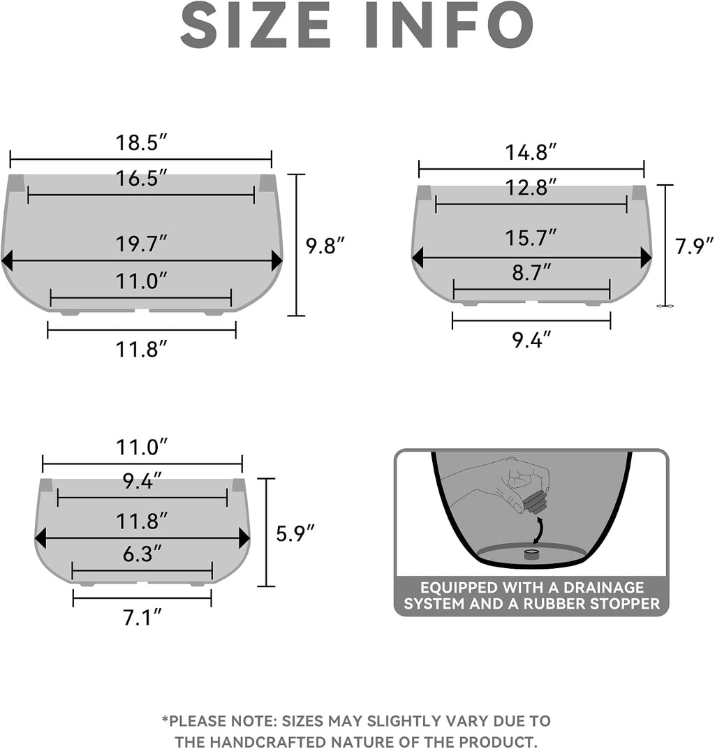 Kante 19.6',15.7',11.8' Dia Round Concrete Planters Set of 3, Outdoor Indoor Large Plant Pots with Drainage Hole, Modern Curvaceous Design, Weathered Concrete