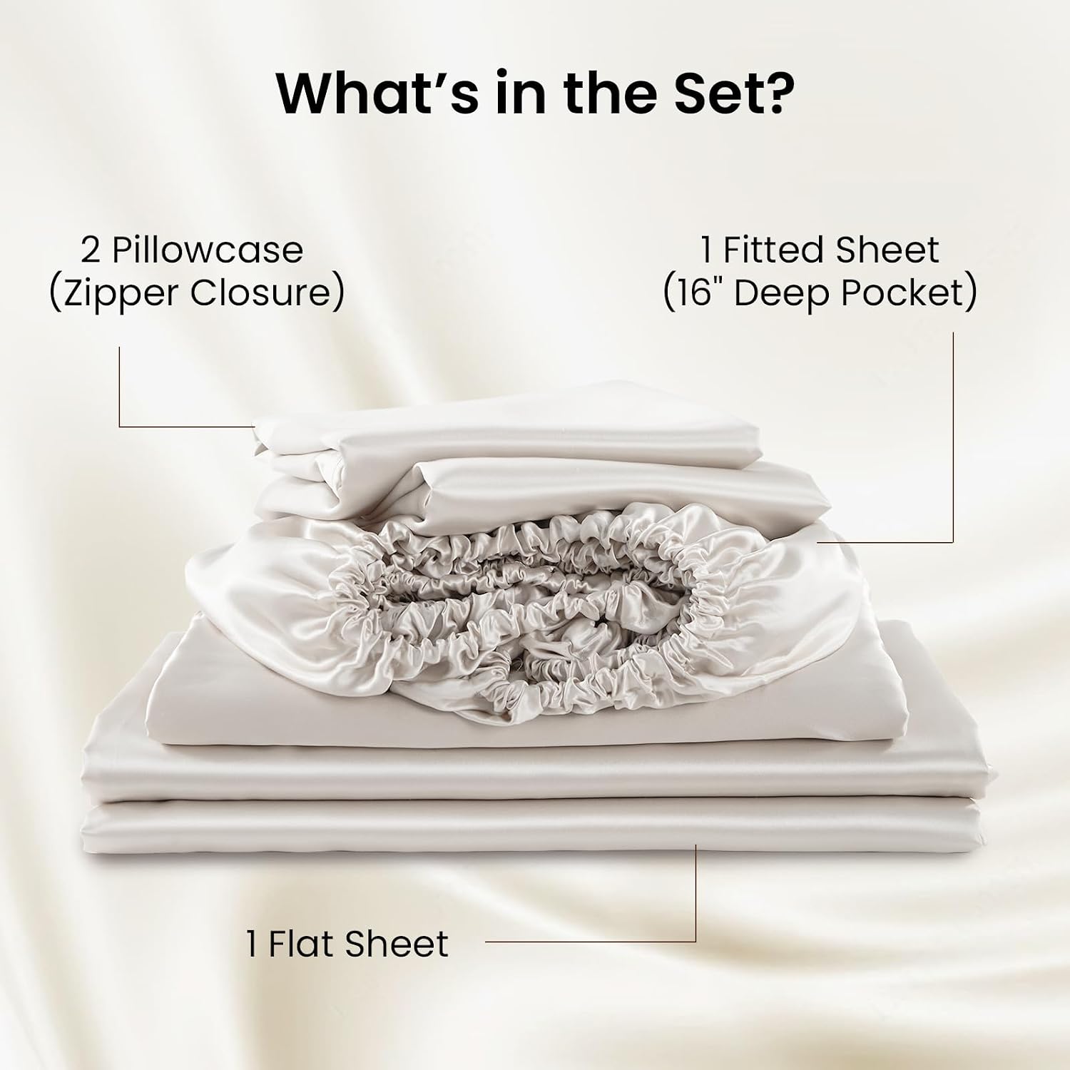 THXSILK Luxury Mulberry Silk Bed Sheets Set - 4pcs Silk Sheets Set 16' Deep Pocket - 1 Fitted Sheet, 1 Flat Sheet, 2 Pillowcases with Zipper Closure - Calfornia King, White