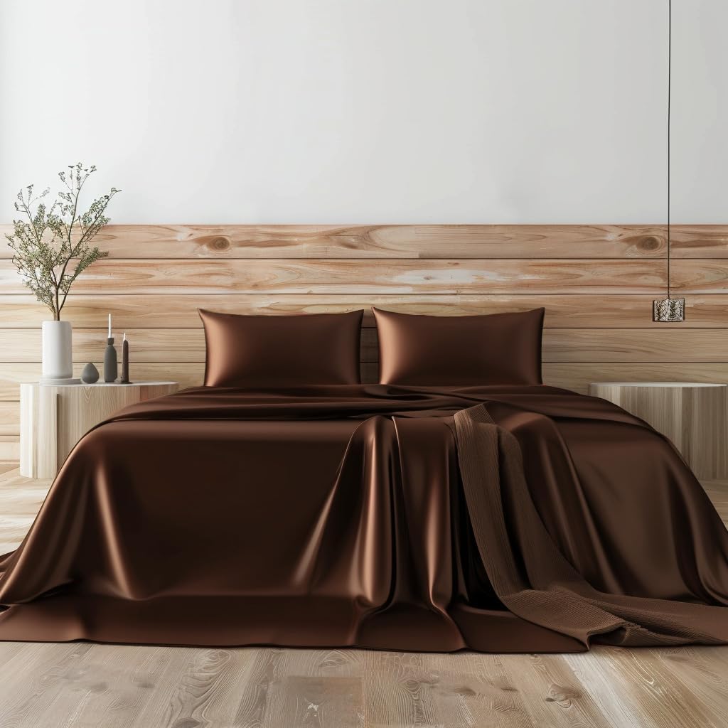 4 Pieces Sheet Set, 100% Mulberry Silk Bed Sheets Fits 10-12' Deep Pocket, 22 Momme Twin Size 6A Luxury Silk Bedding Set with Flat Sheet, Fitted Sheet & 2 Pillowcases (Solid, Chocolate)
