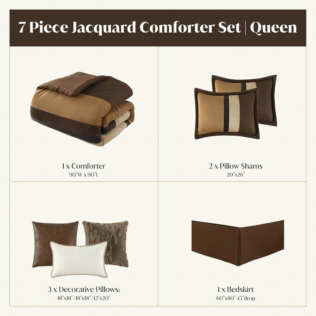 CozyDH Brown Queen Comforter Set - Luxury 7 Piece Faux Suede Bed in a Bag, Farmhouse Rustic Stripe & Pleated Pieced Design, All Season Down Alternative Bedding with Bedskirt, Shams, Decor Pillows
