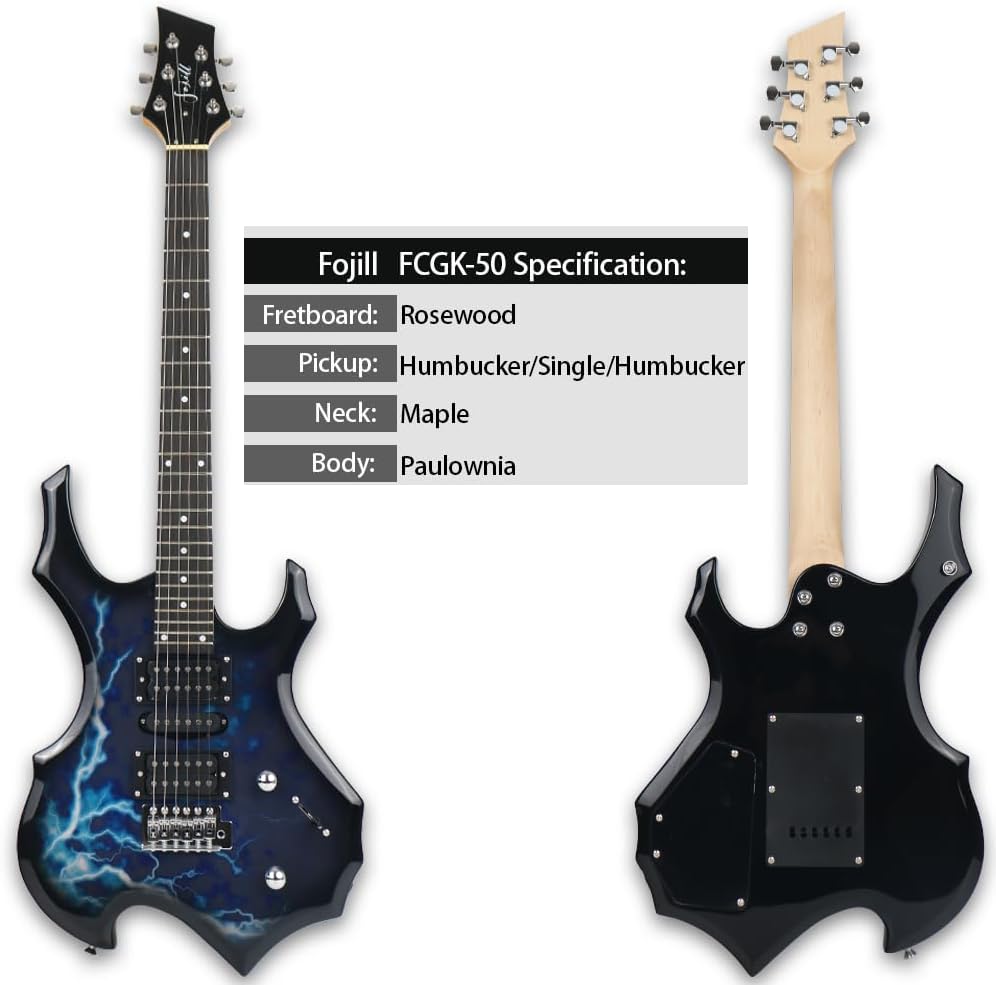 Fojill Heavy Metal Cool Shape Electric Guitar Kit Set Beginner Starter Combo Package Bundle 20W Amplifier Amp Accessory Padded gig Bag,Picks, Cable,Strap,Extra Strings (FCGK-50, Thunder Blue)