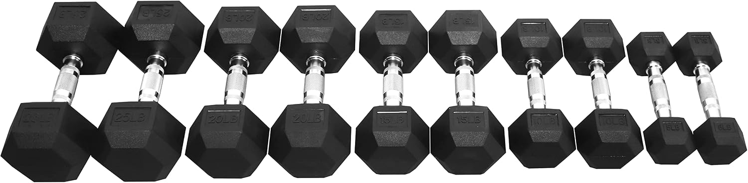 Signature Fitness Rubber Encased Hex Dumbbell, Set Including 5, 10, 15, 20, 25LB Pairs
