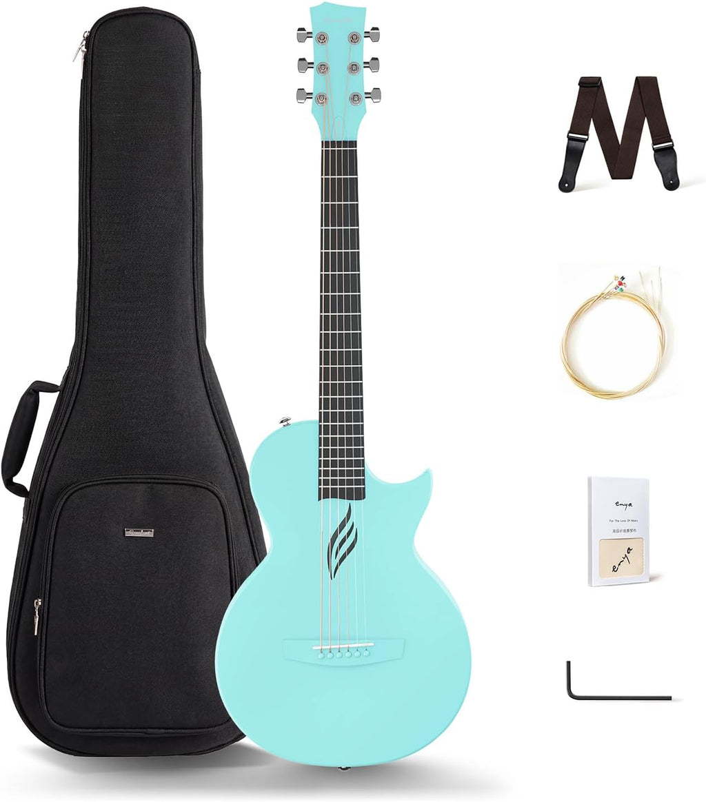 Enya Nova Go Carbon Fiber Acoustic Guitar 1/2 Size Beginner Adult Travel Acustica Guitarra w/Starter Bundle Kit of Colorful Gift Packaging, Acoustic Guitar Strap, Gig Bag, Cleaning Cloth(Blue)