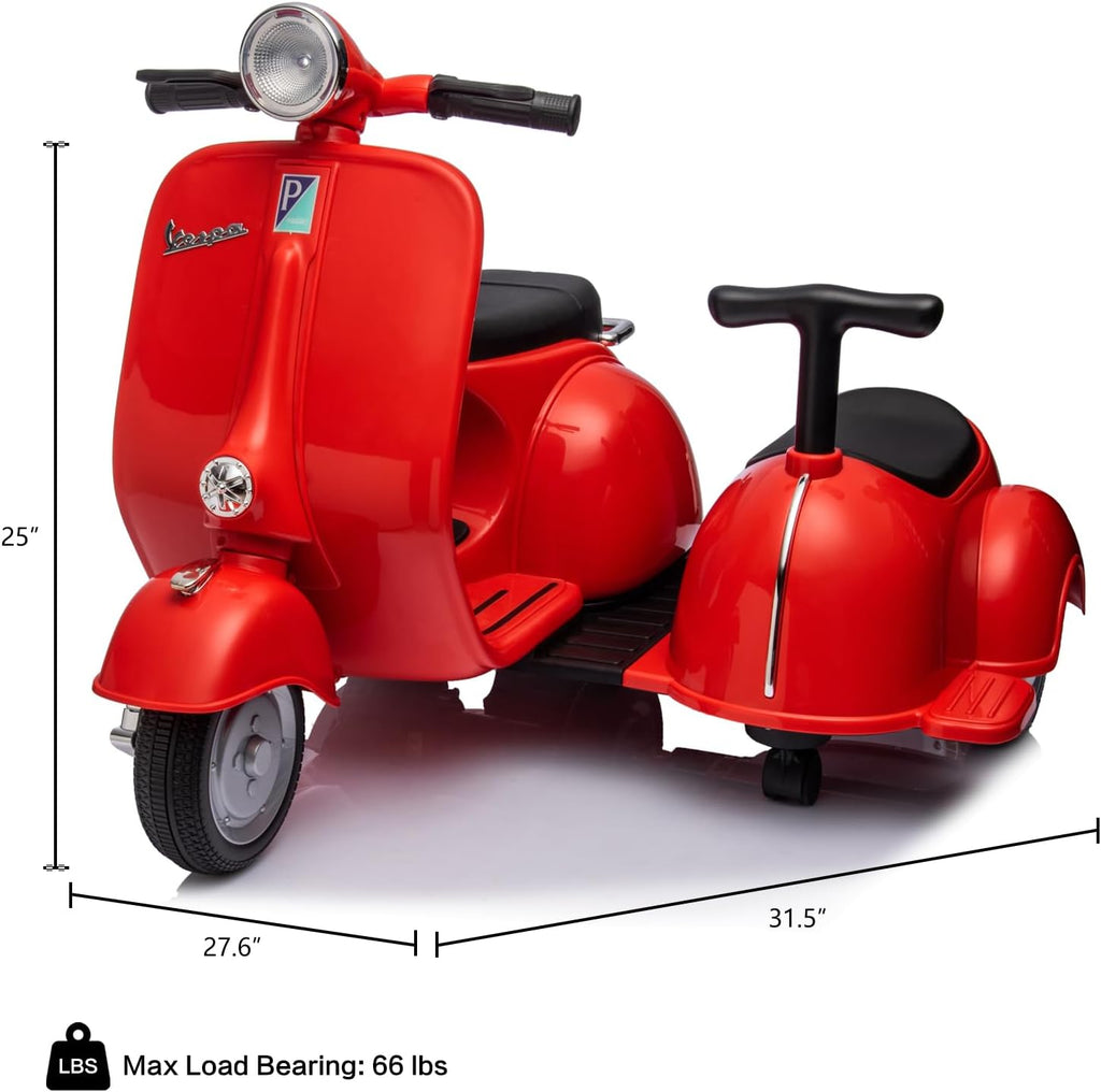 Licensed Vespa Kids Ride On Car with Side Car & Speaker | Motorcycle 2 Seater Three Wheeled Toy Car Rechargeable with Music Player, Volume Button, Lights, USB Plug, Forward, Backward, Red