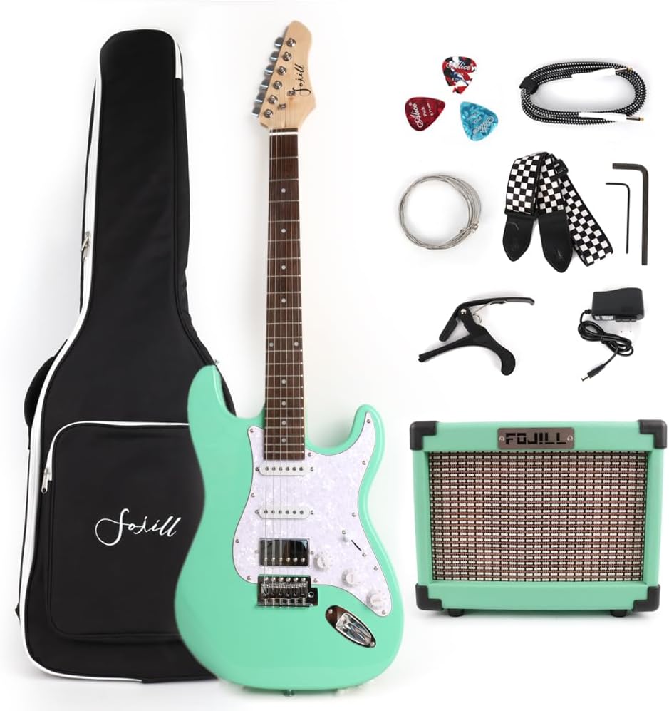 Fojill HSS Pickup 39 Inch Full Size Electric Guitar Kit Set Beginner Starter Combo Package Bundle 10W Battery Power Bluetooth Amplifier Amp Bag,Picks, Cable, Strap, Extra Strings