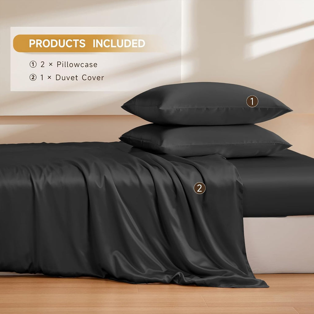 THXSILK 100% Pure Mulberry Silk Duvet Cover Set 3 Piece, 6A+ Grade Luxury Soft Bedding Silk Sheets for Hair and Skin, 1 Pcs Duvet/Quilt/Comforter Cover with 2 Zippered Pillowcases (Black, Twin)