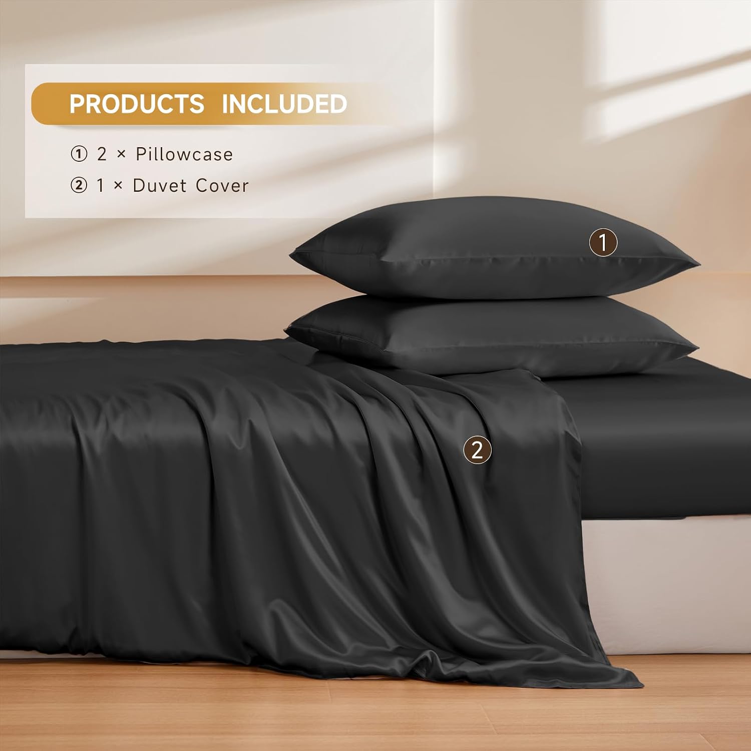 THXSILK 100% Pure Mulberry Silk Duvet Cover Set 3 Piece, 6A+ Grade Luxury Soft Bedding Silk Sheets for Hair and Skin, 1 Pcs Duvet/Quilt/Comforter Cover with 2 Zippered Pillowcases (Black, Twin)