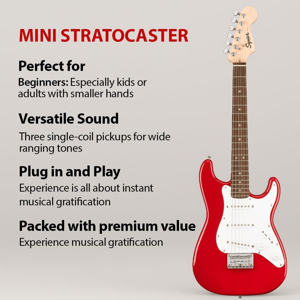 Fender Squier 3/4-Size Kids Mini Strat Electric Guitar - Dakota Red Bundle with Amplifier, Instrument Cable, Tuner, Strap, Picks, and Austin Bazaar Instructional DVD
