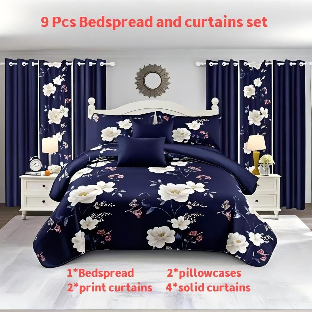 9 Pieces Bed in a Bag with Curtains,King Size,Navy Blue and White Flower,Coverlet Quilted Bed Throw,Bedcover,Machine Washable,Gift for Wedding and Fastival