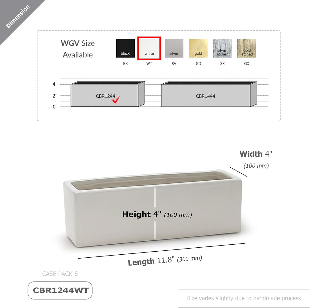 WGVI Long Rectangle Ceramic Planter Vase in White 12' x 4' x 4'H, Block Rectangular Terrarium Box Pot, Flower Arrangement, Table top Centerpiece, Home Decor Organization Storage Container, 6 Pcs.