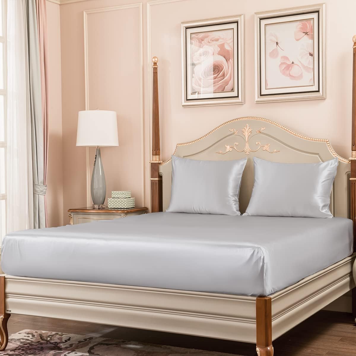 PROMEED Grade 6A Silk Queen Bed Sheets Set with Deep Pocket Fitted Sheet and Pillowcase, Both 23 Momme Mulberry Silk, 3 Piece Bedding Set (Light Grey, Queen)