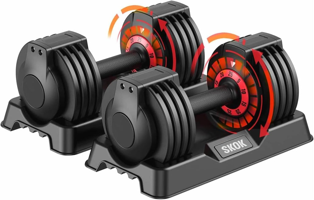 SKOK 25lbs Pair Adjustable Dumbbells Set, Adjustable Weights Dumbbells Set for Men and Women with Anti-Slip Fast Adjust Weight by Turning Handle with Tray