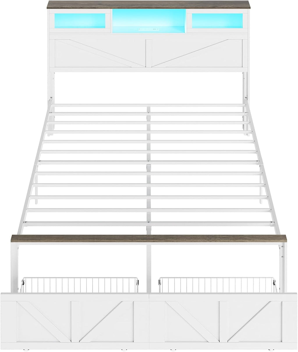 Yoobure Queen Bed Frame with Headboard, Bed Frame Queen Size with Charging Station, LED Beds with 2 Storage Drawers, Wood Farmhouse Bedframe Queen-Size, Noise-Free and No Box Spring Needed