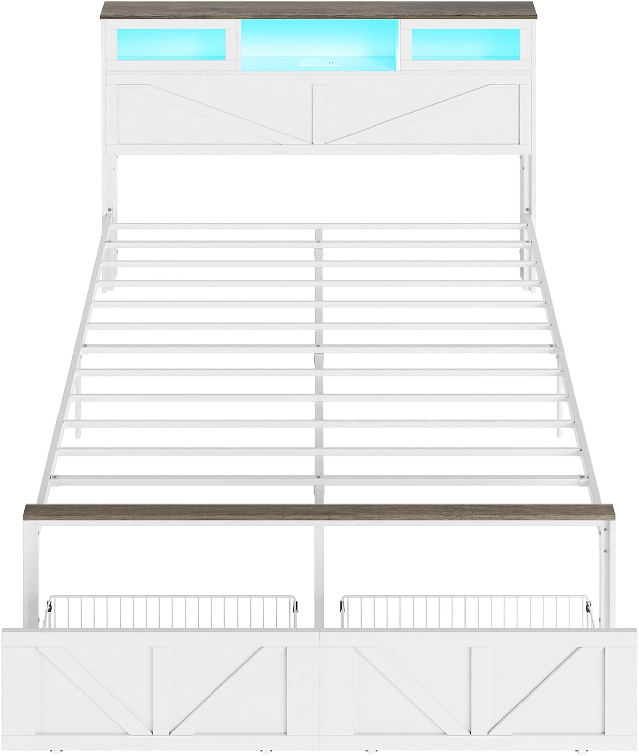 Yoobure Queen Bed Frame with Headboard, Bed Frame Queen Size with Charging Station, LED Beds with 2 Storage Drawers, Wood Farmhouse Bedframe Queen-Size, Noise-Free and No Box Spring Needed