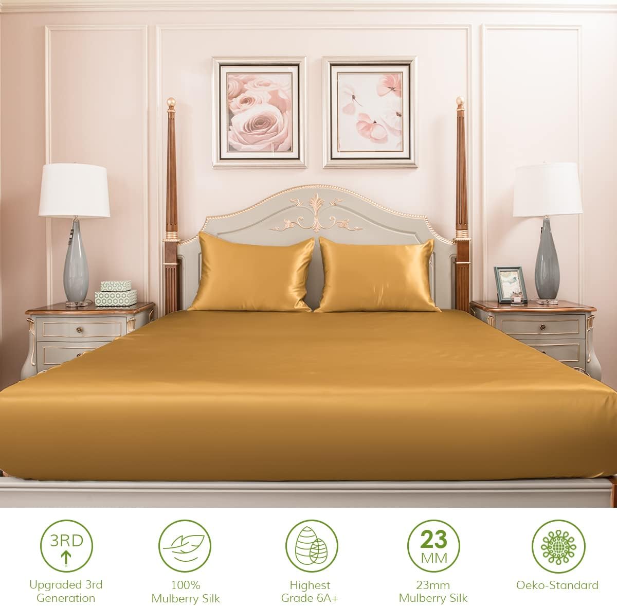 PROMEED 100% Mulberry Silk Fitted Sheet Set, 23 Momme Deep Pocket Natural Silk Fitted Sheet and Pillowcase Set for Twin XL Size Bed, 2pcs (Gold, Twin XL)