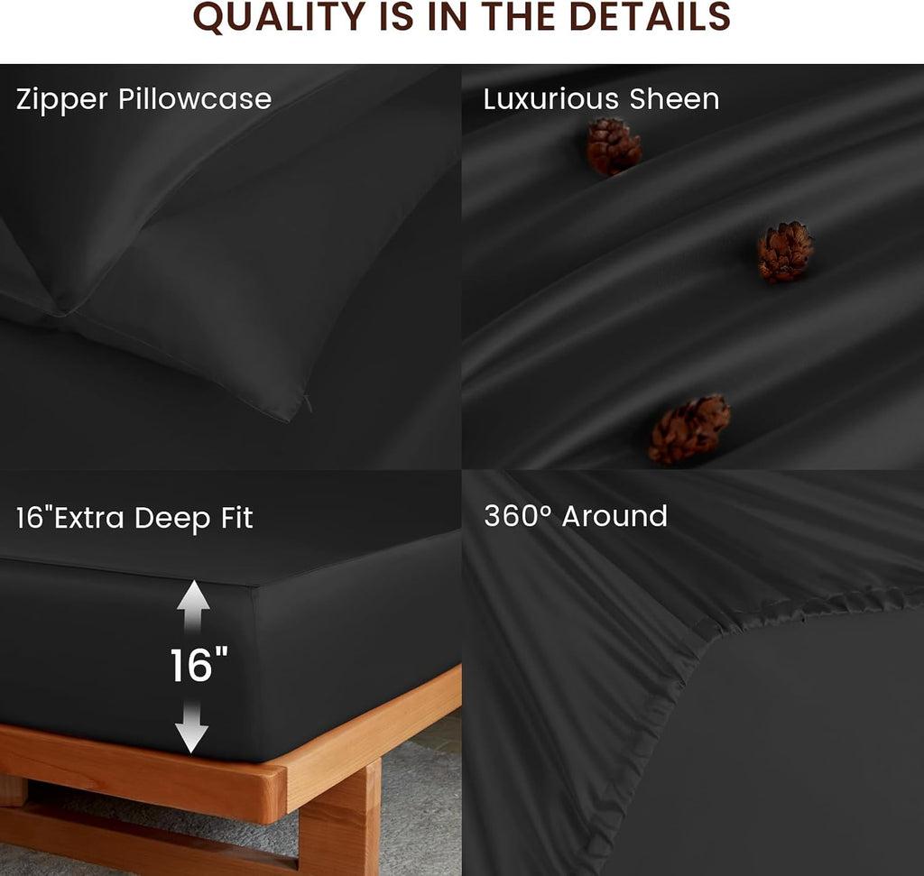 THXSILK Luxury Mulberry Silk Fitted Sheet Set 3 Pcs, King Silk Bed Sheet Set with 16' Deep Pockets, Soft & Cooling Sheets, 1 Fitted Sheet, 2 Pillowcases with Zipper Closure - Black