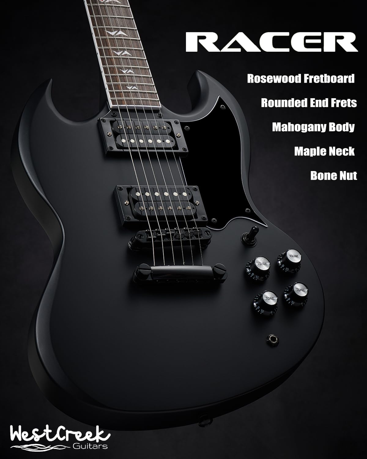 WestCreek RACER Solid Body Electric Guitar, Double Cut guitar, Rounded End Frets, Bone nut, Rosewood Fingerboard, Mahogany Body (Matte Black)