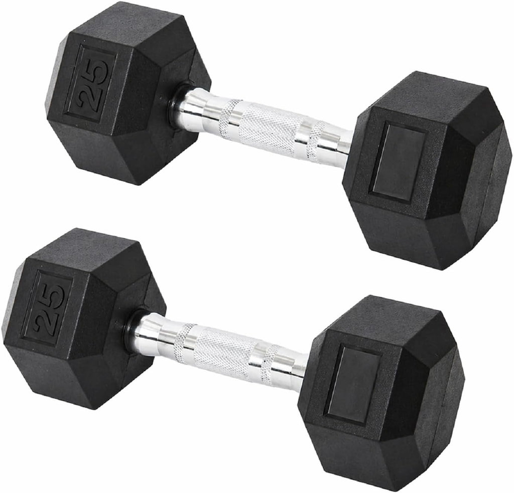 Hex Dumbbell Set 25LB Rubber Coated Fixed Weight Dumbbells with Chrome Ergonomic Handle Odorless & Durable for Home Gym Women's Strength Training Full Body Workouts - Pack of 2
