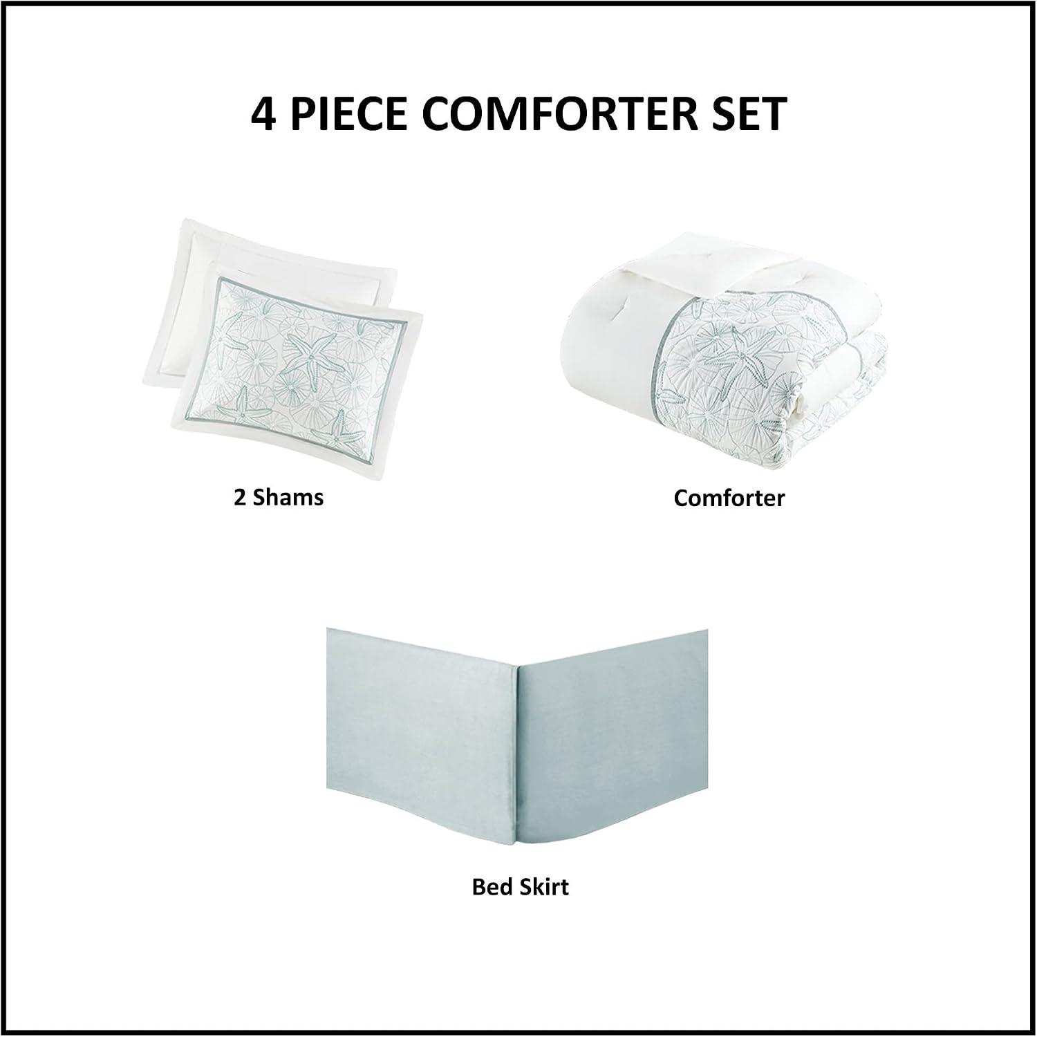 Harbor House Cotton Comforter Set - Coastal Oceanic Sealife Design, All Season Down Alternative Bedding with Matching Shams, Bedskirt, Maya Bay, Seafoam Blue Full(80'x90') 4 Piece